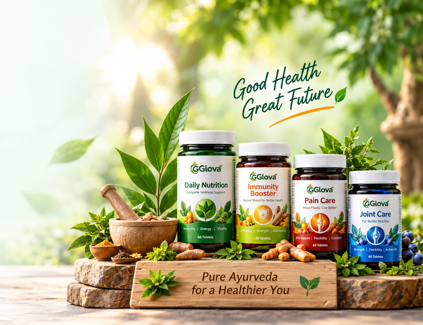 Glova Ayurvedic products on a wooden base with herbs